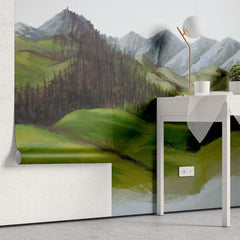Tapet personalizat forest cu un peisaj montan si impadurit cu forme abstracte evocand linistea si grandoarea naturii highland
