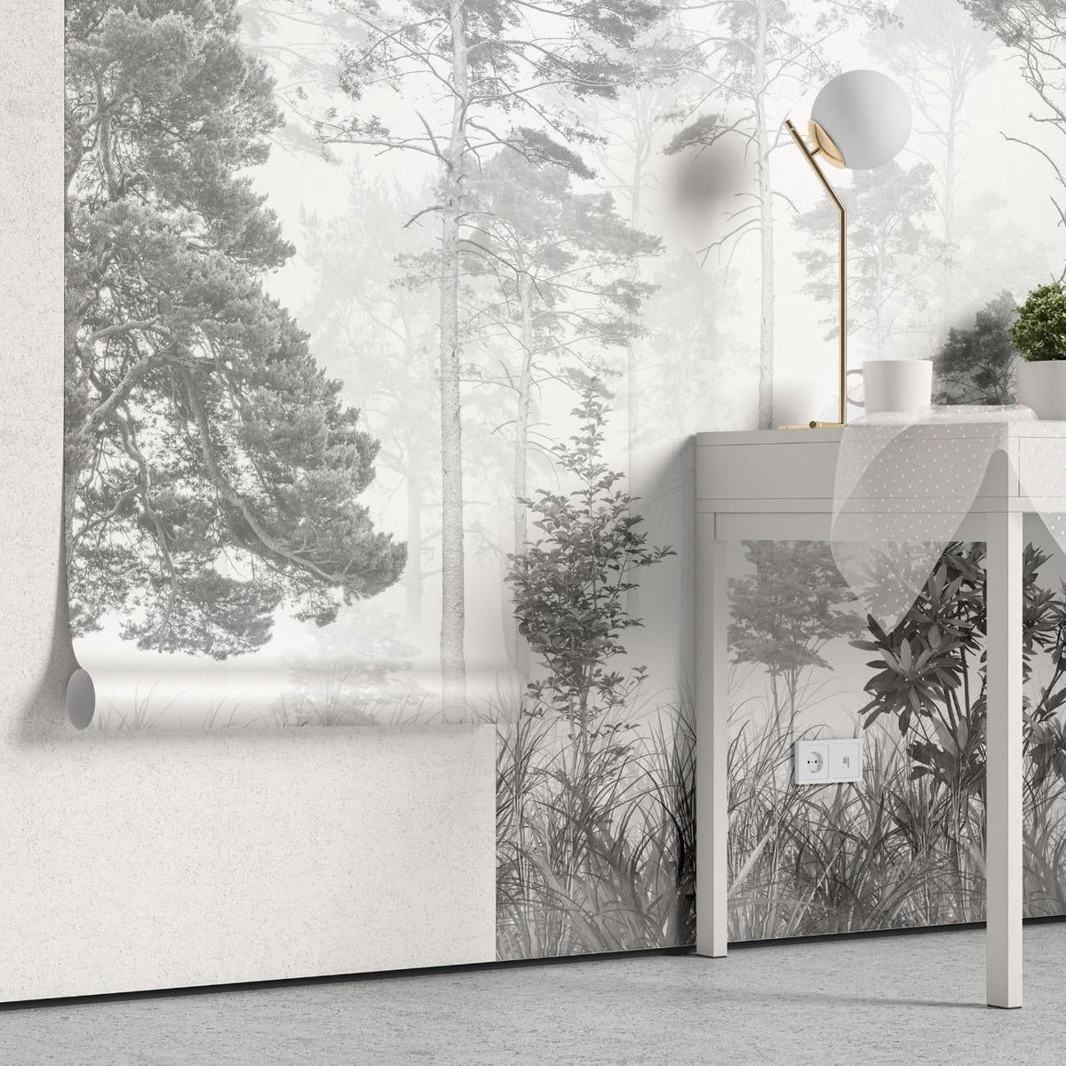 Fototapet personalizat forest cu un peisaj de padure in tonuri de gri cu detalii subtile ideal pentru un decor calm si sofisticat greyscale forest