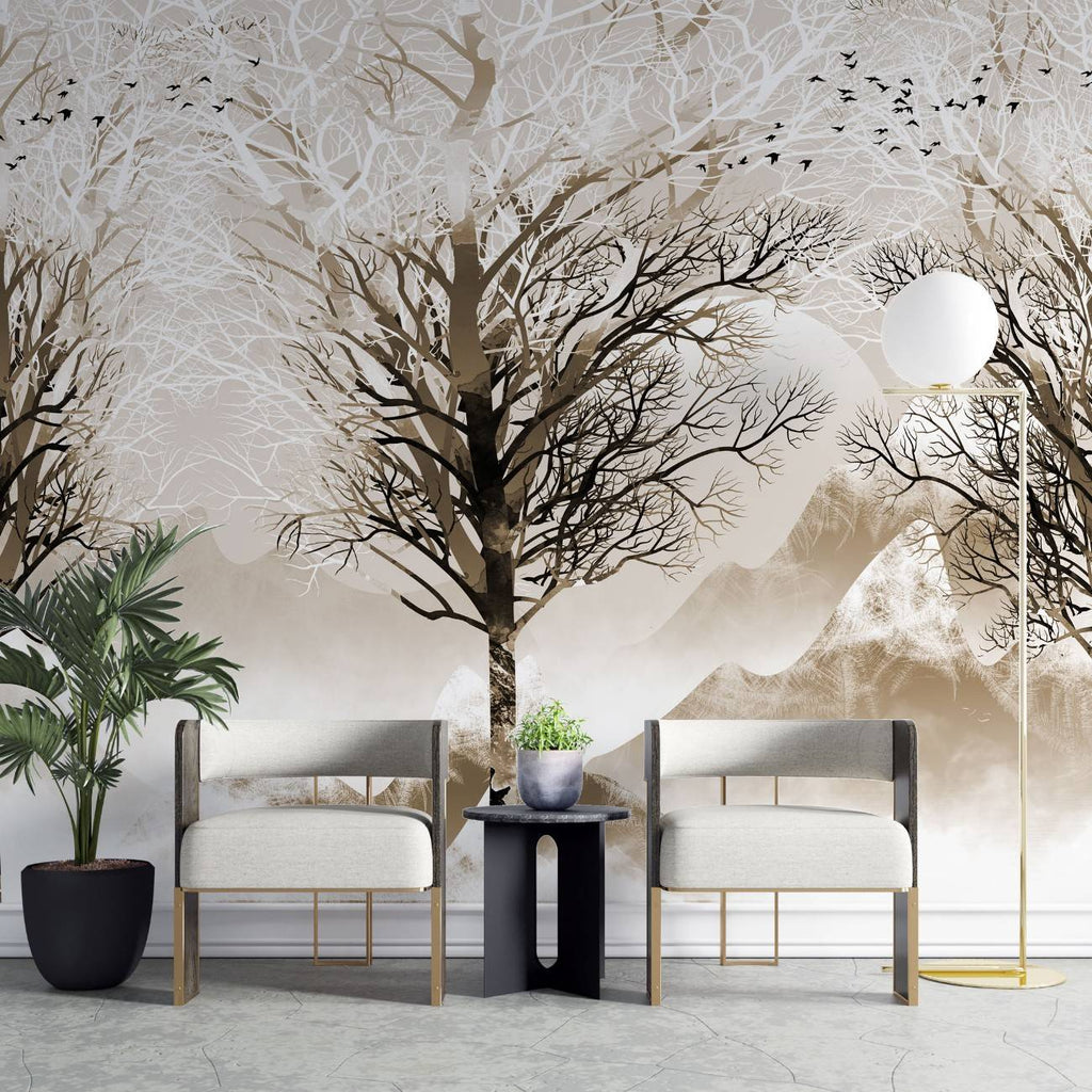 Tapet personalizat forest cu o imagine a unei crengi solitare in tonuri de sepia oferind o atmosfera contemplativa si clasica sepia branches