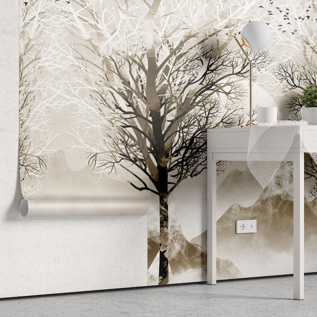 Tapet personalizat forest cu o imagine a unei crengi solitare in tonuri de sepia oferind o atmosfera contemplativa si clasica sepia branches