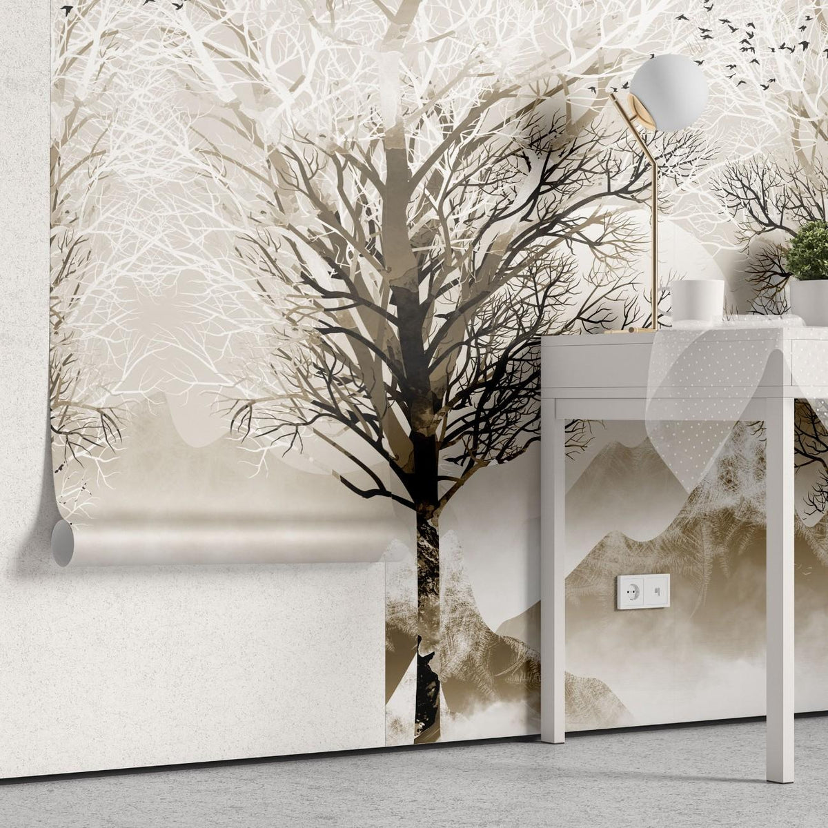 Tapet personalizat forest cu o imagine a unei crengi solitare in tonuri de sepia oferind o atmosfera contemplativa si clasica sepia branches