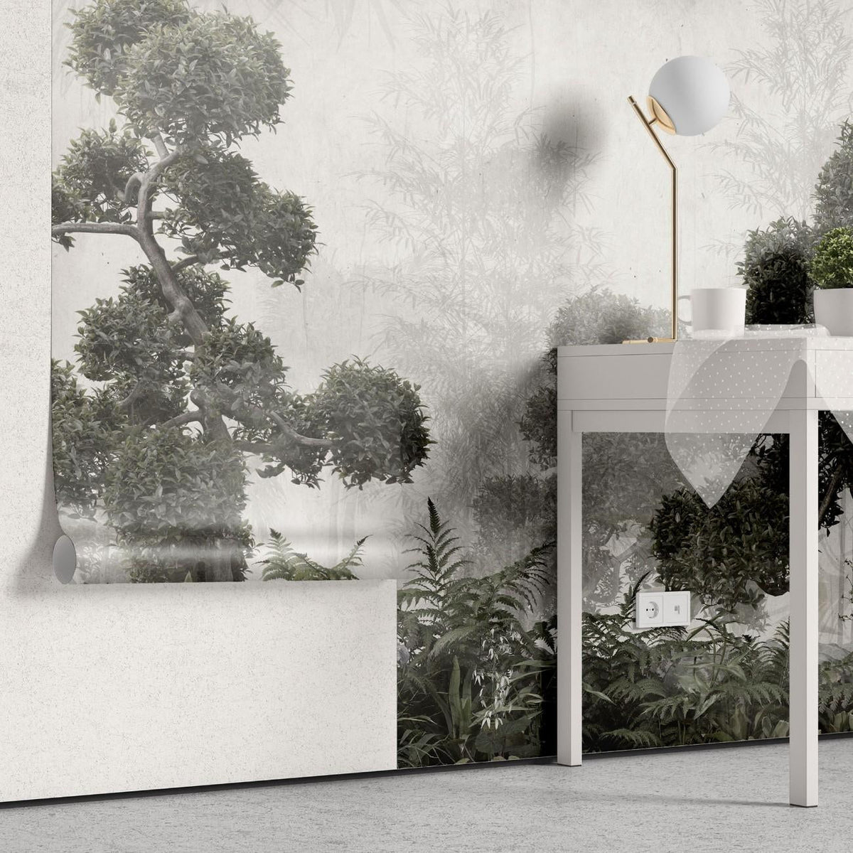 Fototapet personalizat forest cu un peisaj de padure in tonuri de gri cu detalii subtile ideal pentru un decor calm si sofisticat greenhouse forest