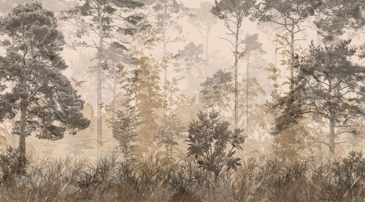 Fototapet personalizat forest cu o padure in ceata la apus unde razele soarelui creaza o atmosfera calda si un sentiment de liniste profunda sunset forest fog