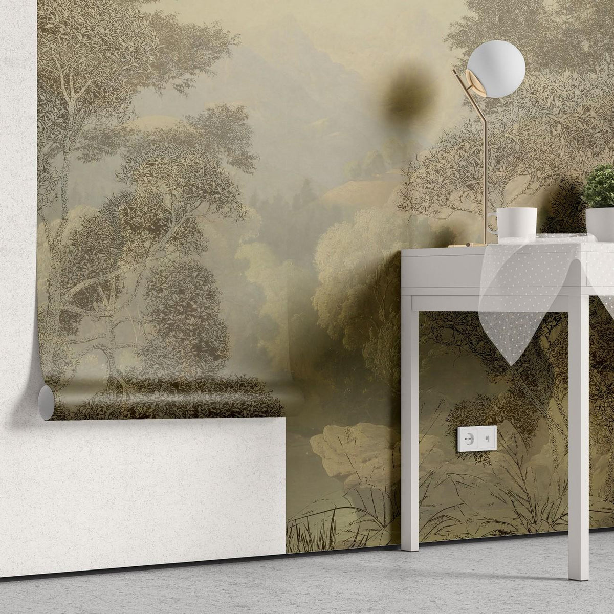 Tapet personalizat forest cu o ilustratie de safari in nuante calde cu siluete de copaci si vegetatie perfecta pentru a aduce o nota exotica si primitoare warm safari