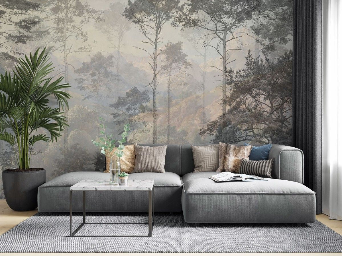 Fototapet personalizat forest cu o ilustratie de safari in tonuri reci cu siluete de copaci si vegetatie oferind o atmosfera moderna si distincta cold safari