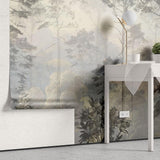 Fototapet personalizat forest cu o ilustratie de safari in tonuri reci cu siluete de copaci si vegetatie oferind o atmosfera moderna si distincta cold safari