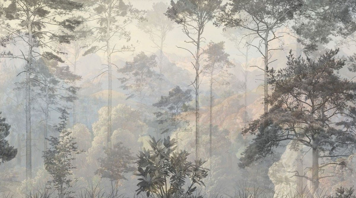 Fototapet personalizat forest cu o ilustratie de safari in tonuri reci cu siluete de copaci si vegetatie oferind o atmosfera moderna si distincta cold safari