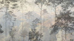 Fototapet personalizat forest cu o ilustratie de safari in tonuri reci cu siluete de copaci si vegetatie oferind o atmosfera moderna si distincta cold safari