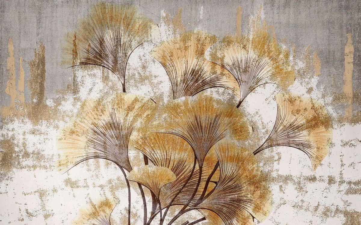 Tapet personalizat forest cu frunze de ginkgo stilizate aranjate intr un model circular creand un design modern si elegant radius ginkgo