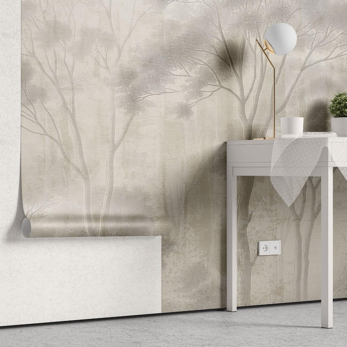 Tapet personalizat forest cu o ilustratie de padure stilizata cu detalii punctate aducand o nota de eleganta si unicitate soft dot forest