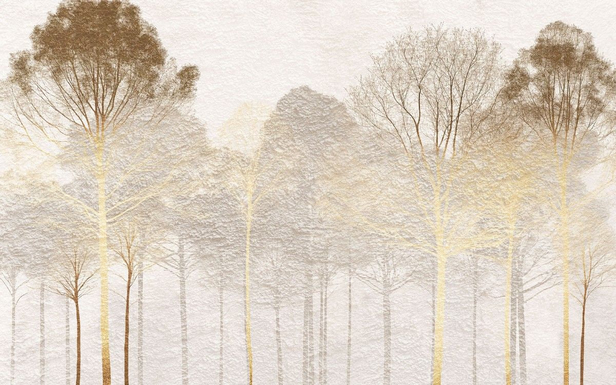Tapet personalizat forest cu o padure de copaci aurii pe un fundal ce imita o tencuiala oferind un contrast elegant si o atmosfera sofisticata stucco forest