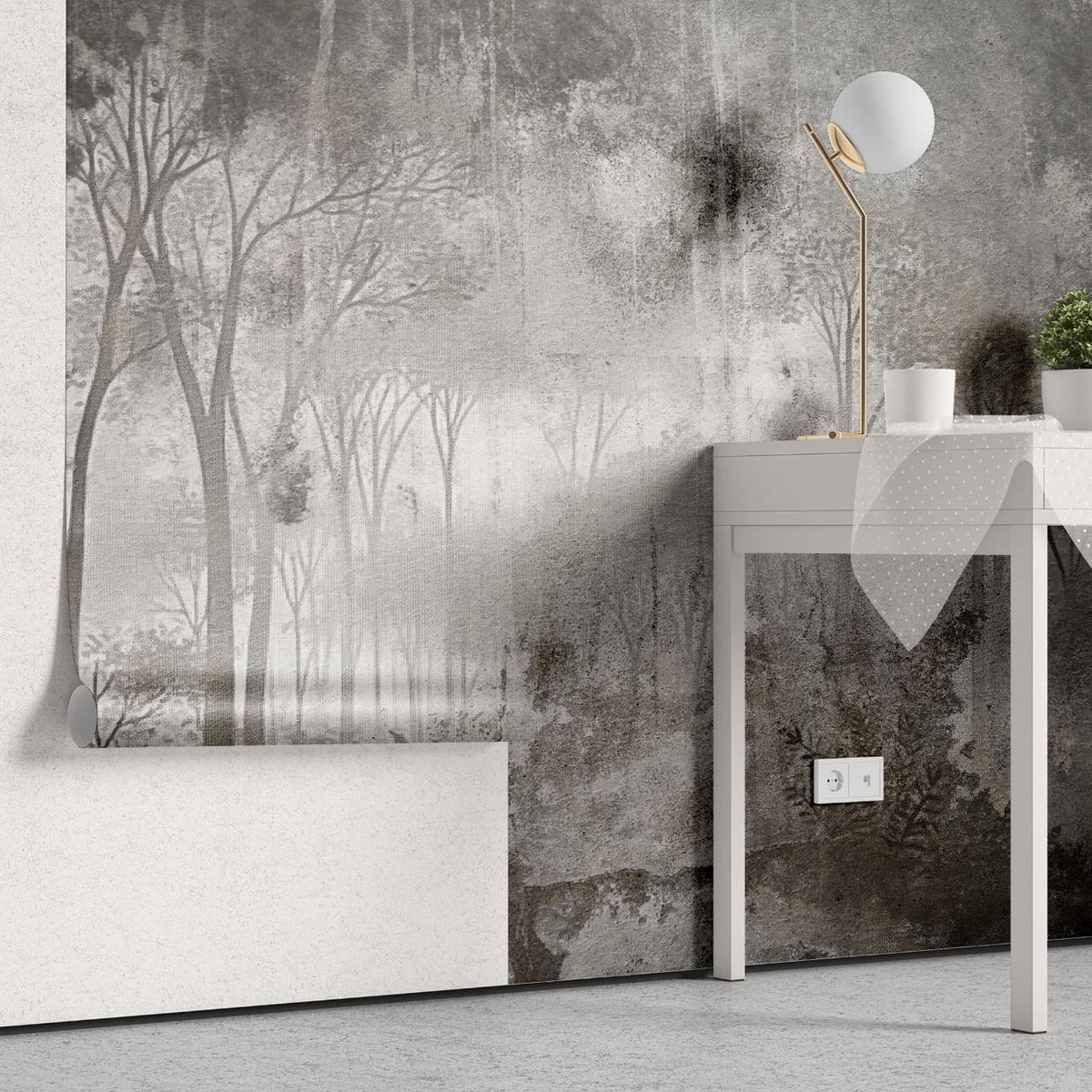 Tapet personalizat forest cu o explozie de frunze si elemente naturale in miscare sugerand dinamismul unei furtuni in padure scatter storm