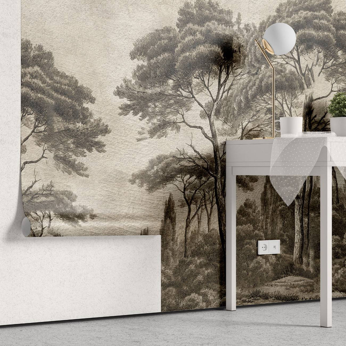 Tapet personalizat forest cu pini si chiparosi ilustrati intr un stil clasic si atemporal aducand eleganta si profunzime spatiului victorian forest