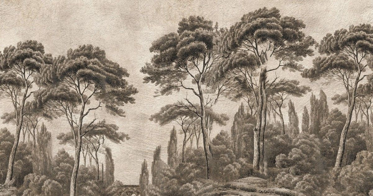 Tapet personalizat forest cu pini si chiparosi ilustrati intr un stil clasic si atemporal aducand eleganta si profunzime spatiului victorian forest