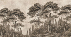 Tapet personalizat forest cu pini si chiparosi ilustrati intr un stil clasic si atemporal aducand eleganta si profunzime spatiului victorian forest