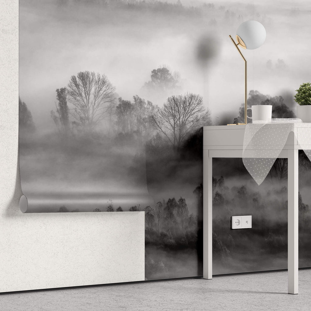 Tapet Personalizat Forest cu padure in alb negru si ceata - GRAYSCALE FOREST