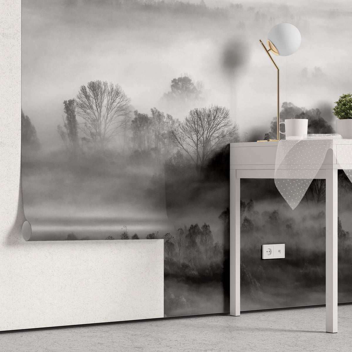 Tapet Personalizat Forest cu padure in alb negru si ceata - GRAYSCALE FOREST