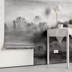 Tapet Personalizat Forest cu padure in alb negru si ceata - GRAYSCALE FOREST