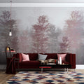 Tapet Personalizat Forest cu copaci in nuante de roz si brazi in ceata - PINK BAMBOO FOREST