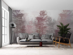 Tapet Personalizat Forest cu copaci in nuante de roz si brazi in ceata - PINK BAMBOO FOREST