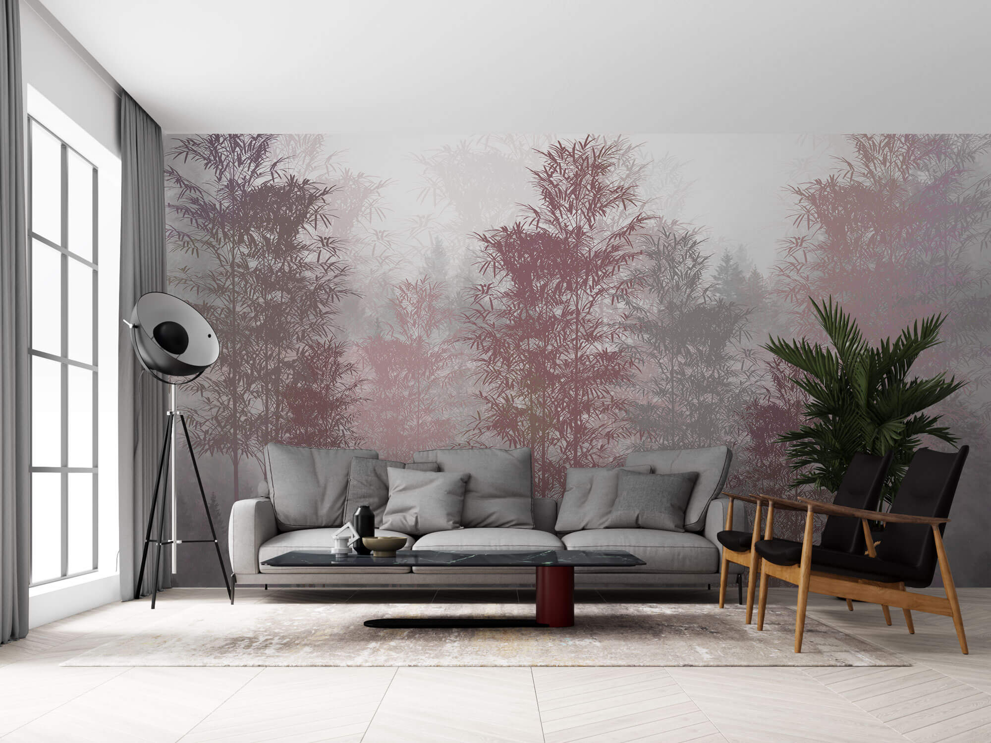 Tapet Personalizat Forest cu copaci in nuante de roz si brazi in ceata - PINK BAMBOO FOREST