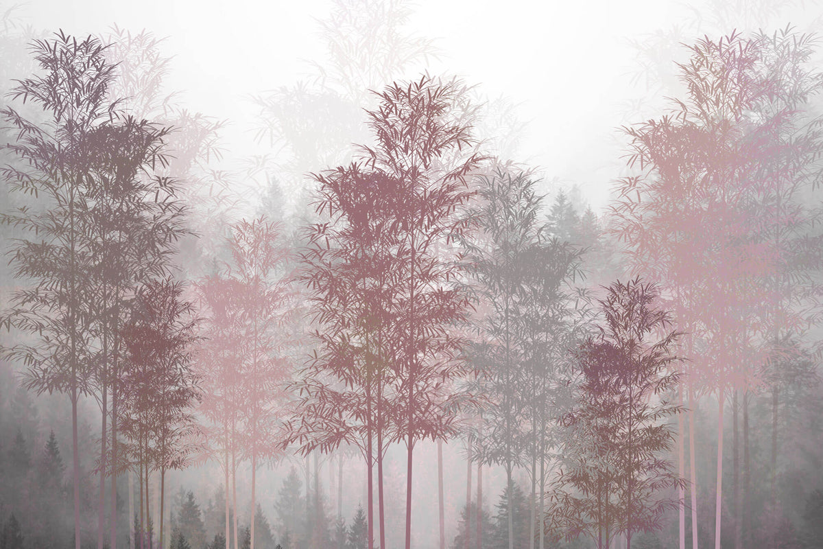 Tapet Personalizat Forest cu copaci in nuante de roz si brazi in ceata - PINK BAMBOO FOREST