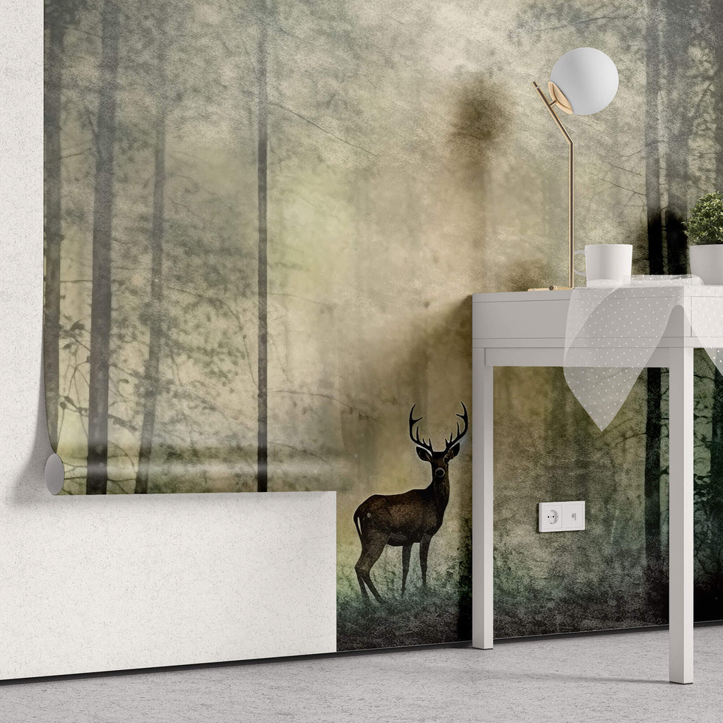 Tapet Personalizat Forest cu cerb si padure intunecata cu fundal texturat - DARK REINDEER