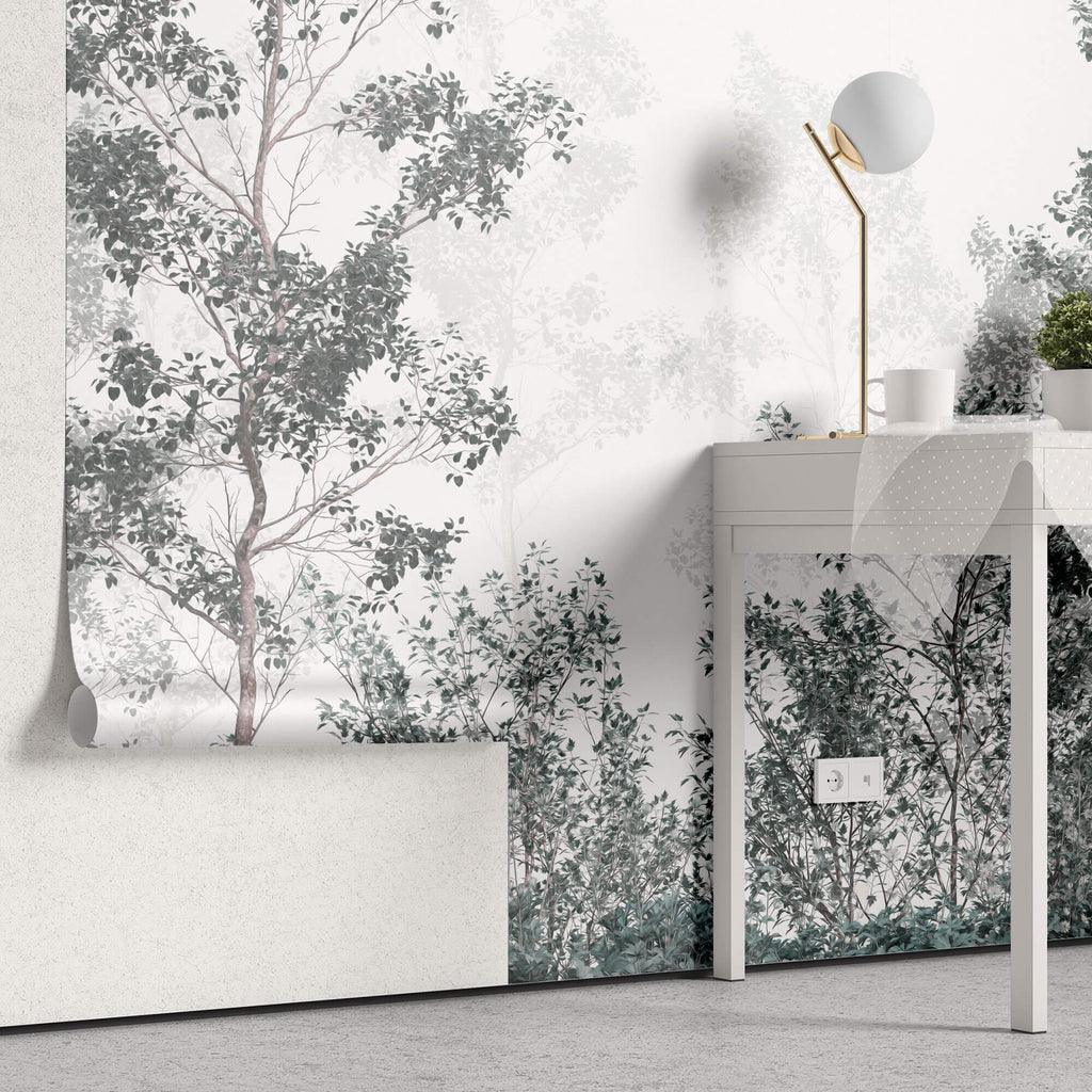 Tapet Personalizat Forest cu padure de foioase cu cer in ceata - FADED GREEN