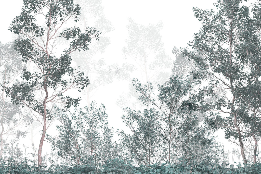 Tapet Personalizat Forest cu padure de foioase cu cer in ceata - FADED GREEN