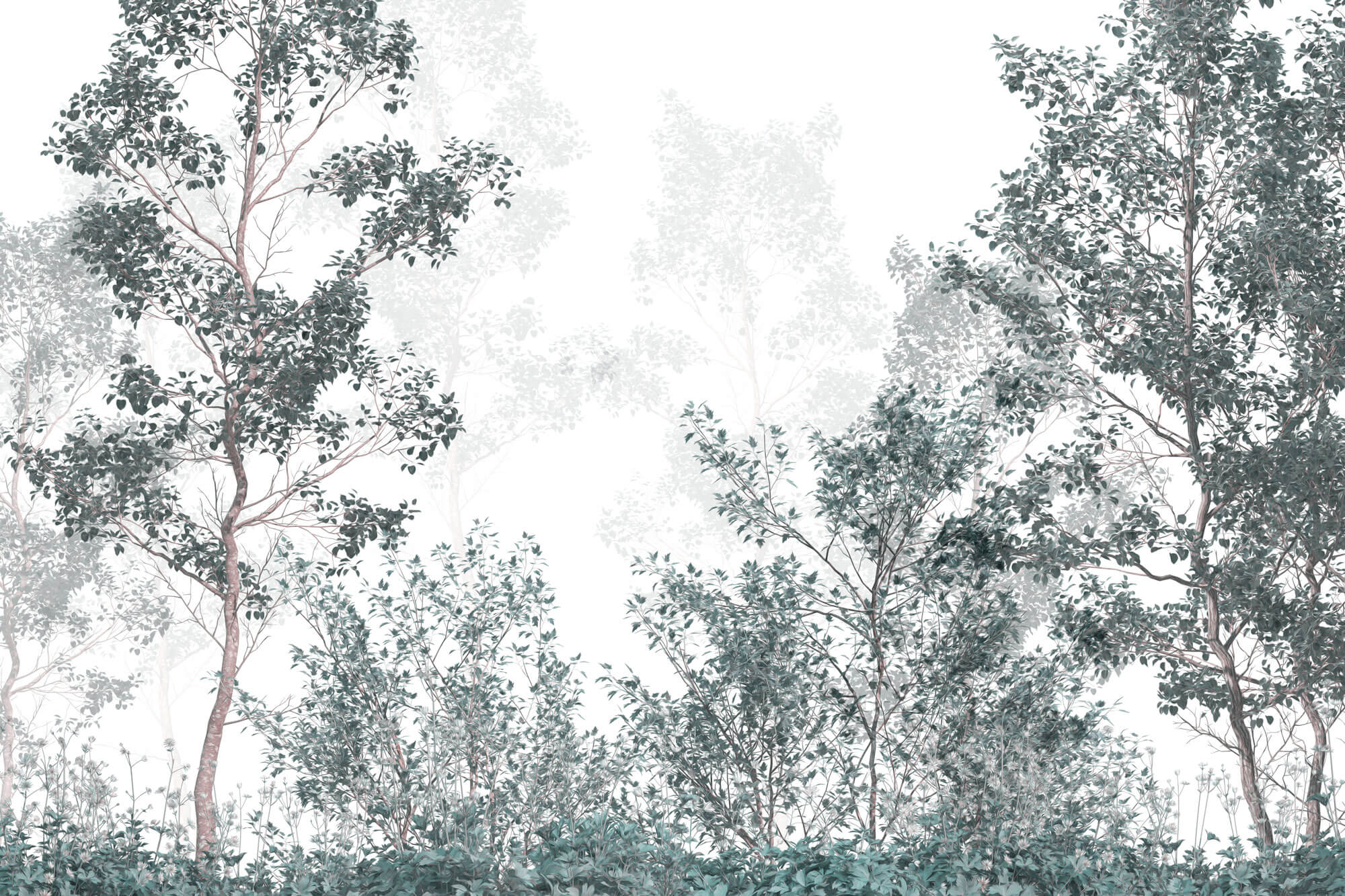 Tapet Personalizat Forest cu padure de foioase cu cer in ceata - FADED GREEN