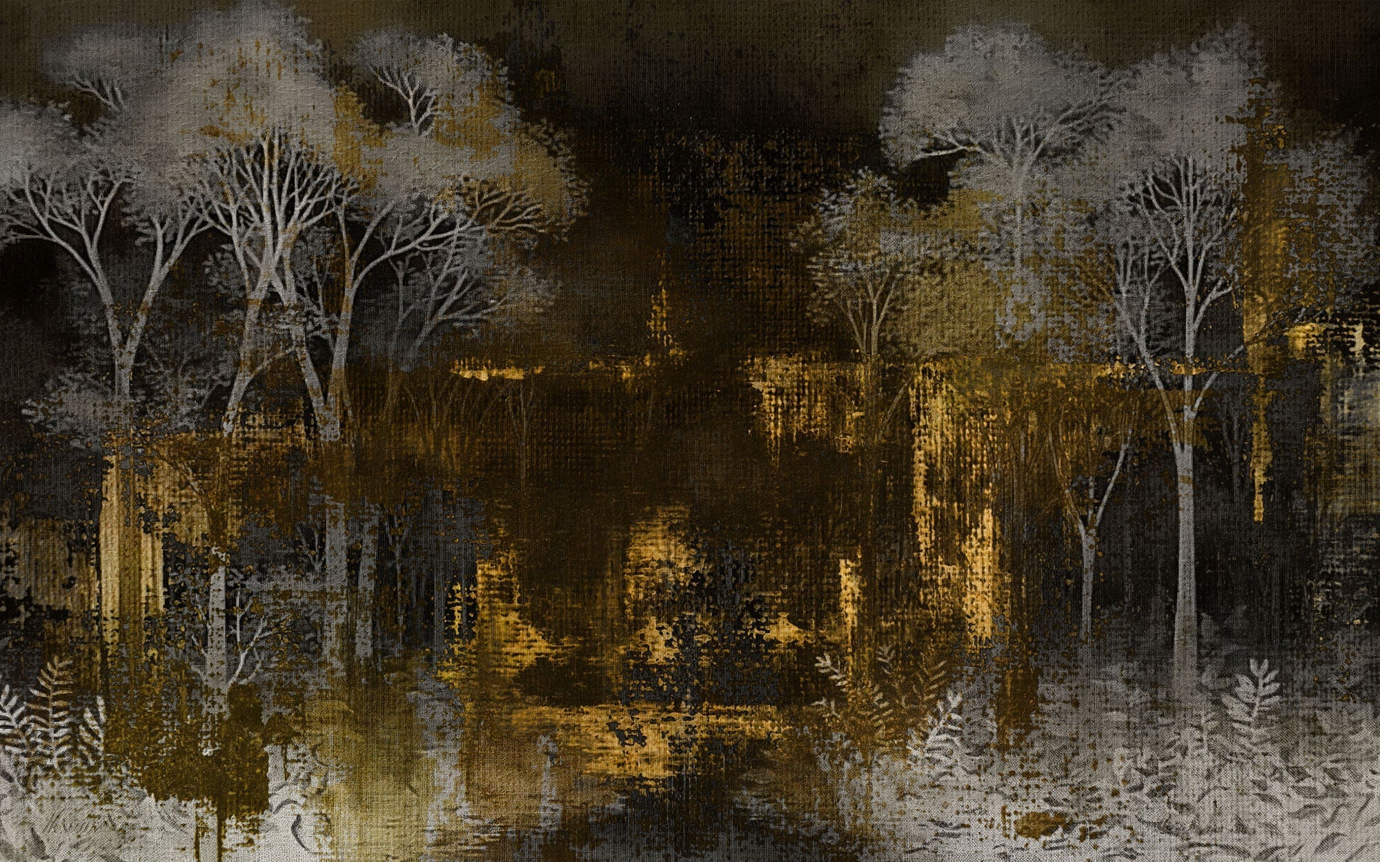 Tapet Personalizat Forest cu padure abstracta in pictura pe canvas - DARK GOLD FOREST