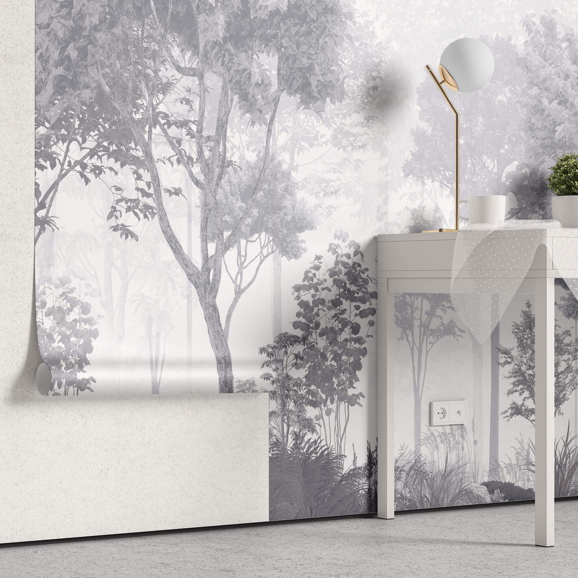 Tapet Personalizat Forest cu padure gri in ceata - GREY-BLUE FOREST