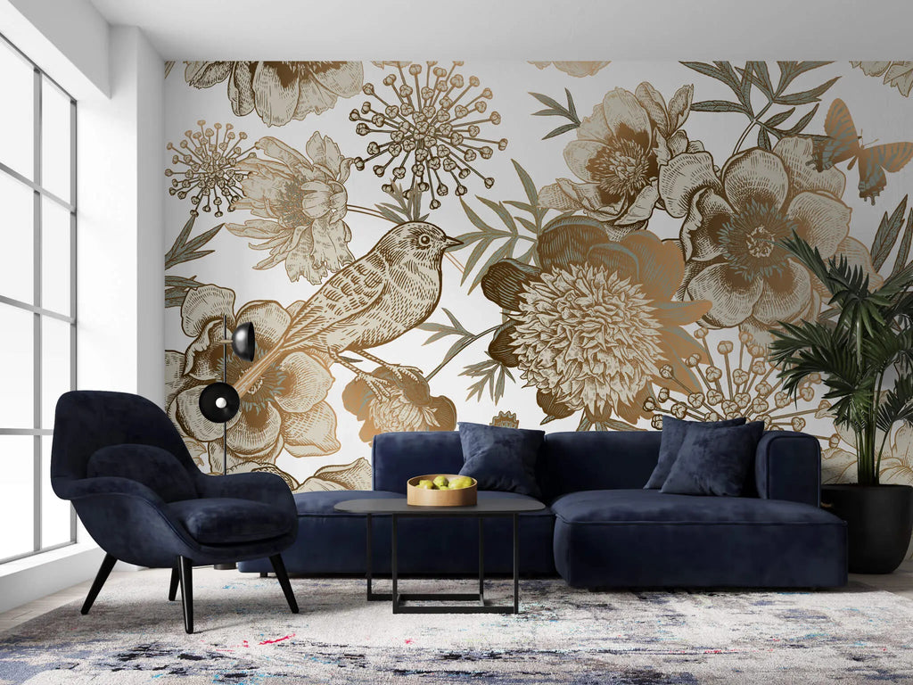 Tapet personalizat floral cu flori in nuante de bronz cupru si pasari pe un fundal alb bronze flowers