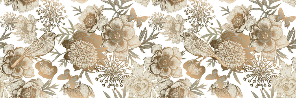 Tapet personalizat floral cu flori in nuante de bronz cupru si pasari pe un fundal alb bronze flowers