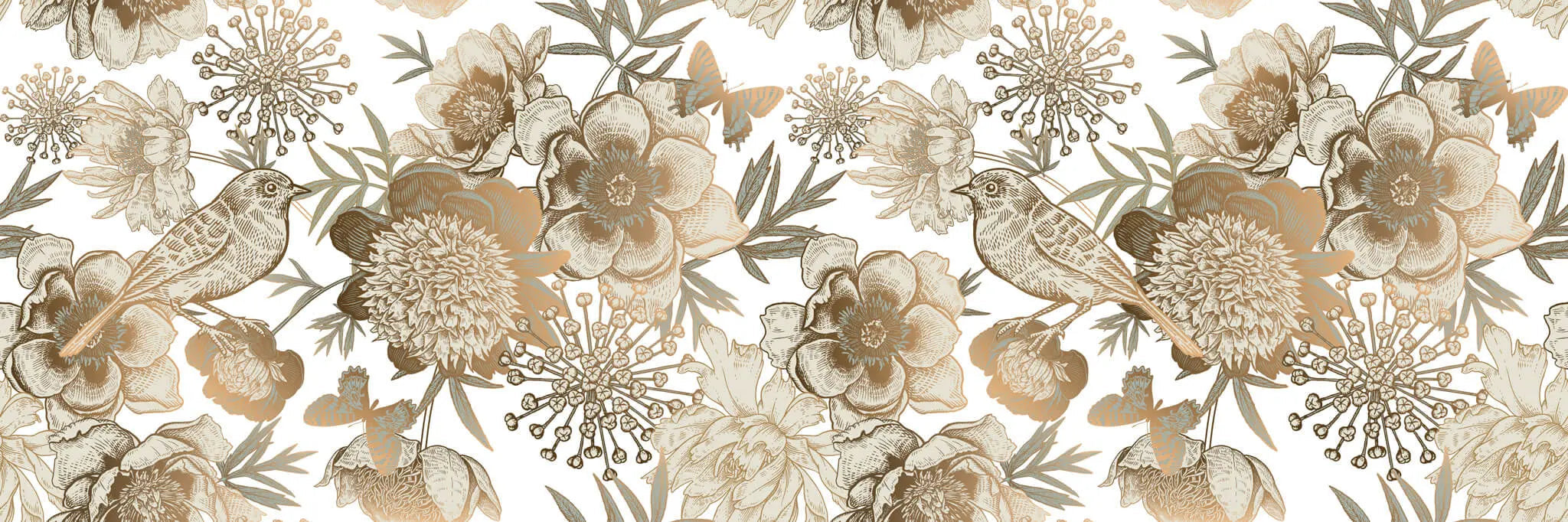 Tapet personalizat floral cu flori in nuante de bronz cupru si pasari pe un fundal alb bronze flowers