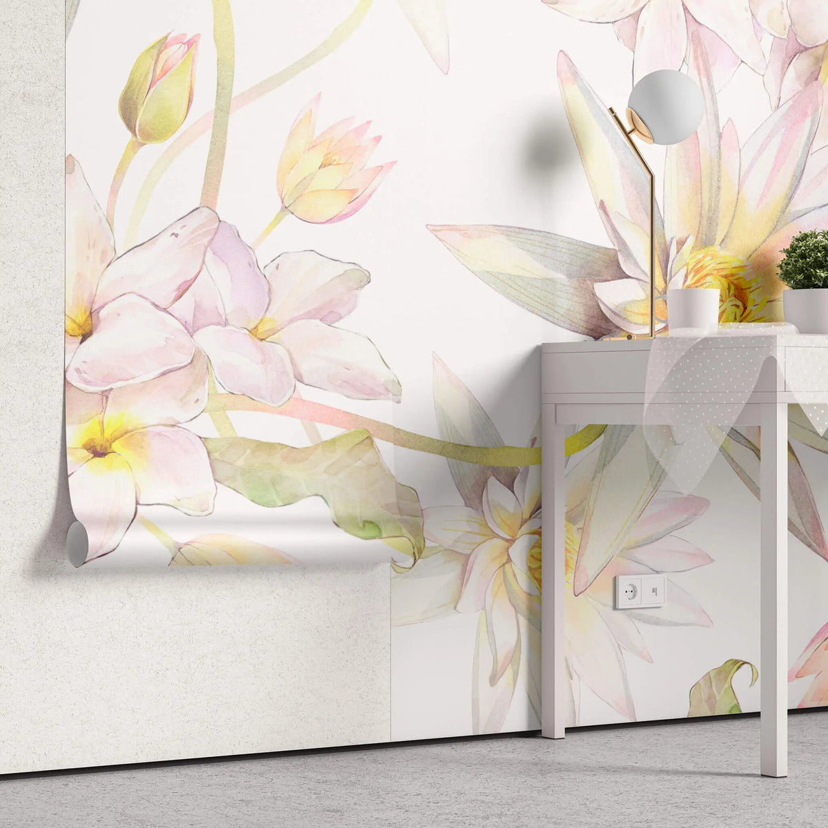 Tapet personalizat floral cu flori de lotus egiptean pe fundal alb egyptian lotus