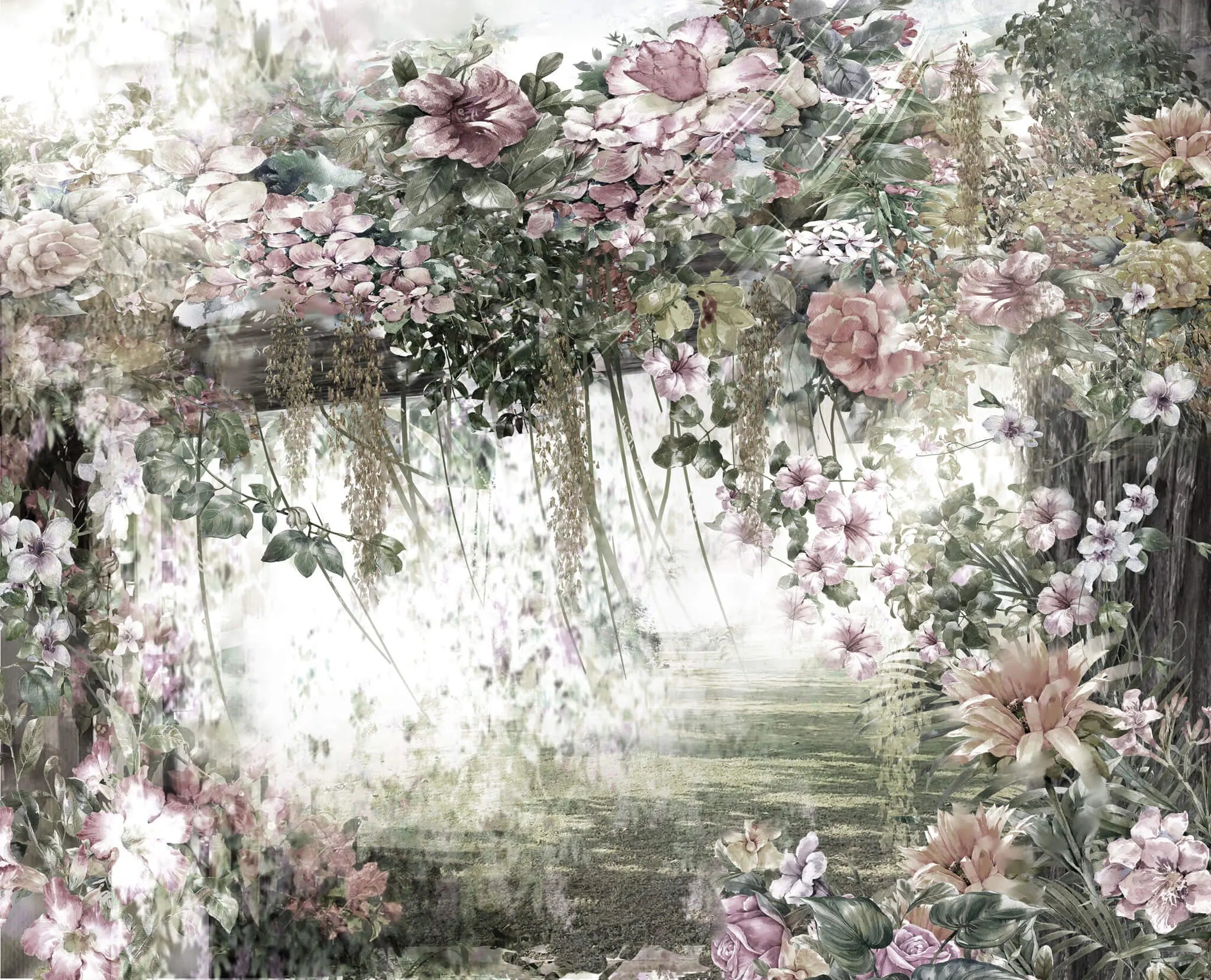 Tapet personalizat floral cu peisaj din natura pictat floral artwork