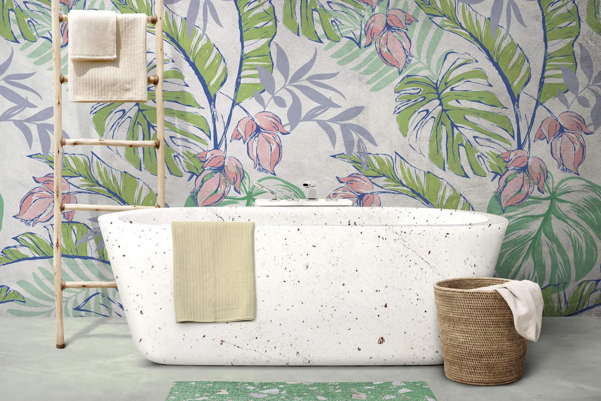 Tapet personalizat floral cu flori roz si frunze de monstera si palmier cu efect de ilustratie in culori vibrante floral paradise