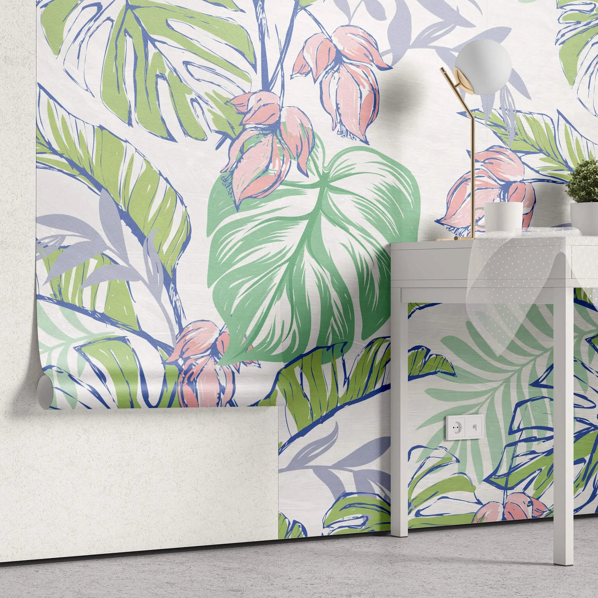 Tapet personalizat floral cu flori roz si frunze de monstera si palmier cu efect de ilustratie in culori vibrante floral paradise