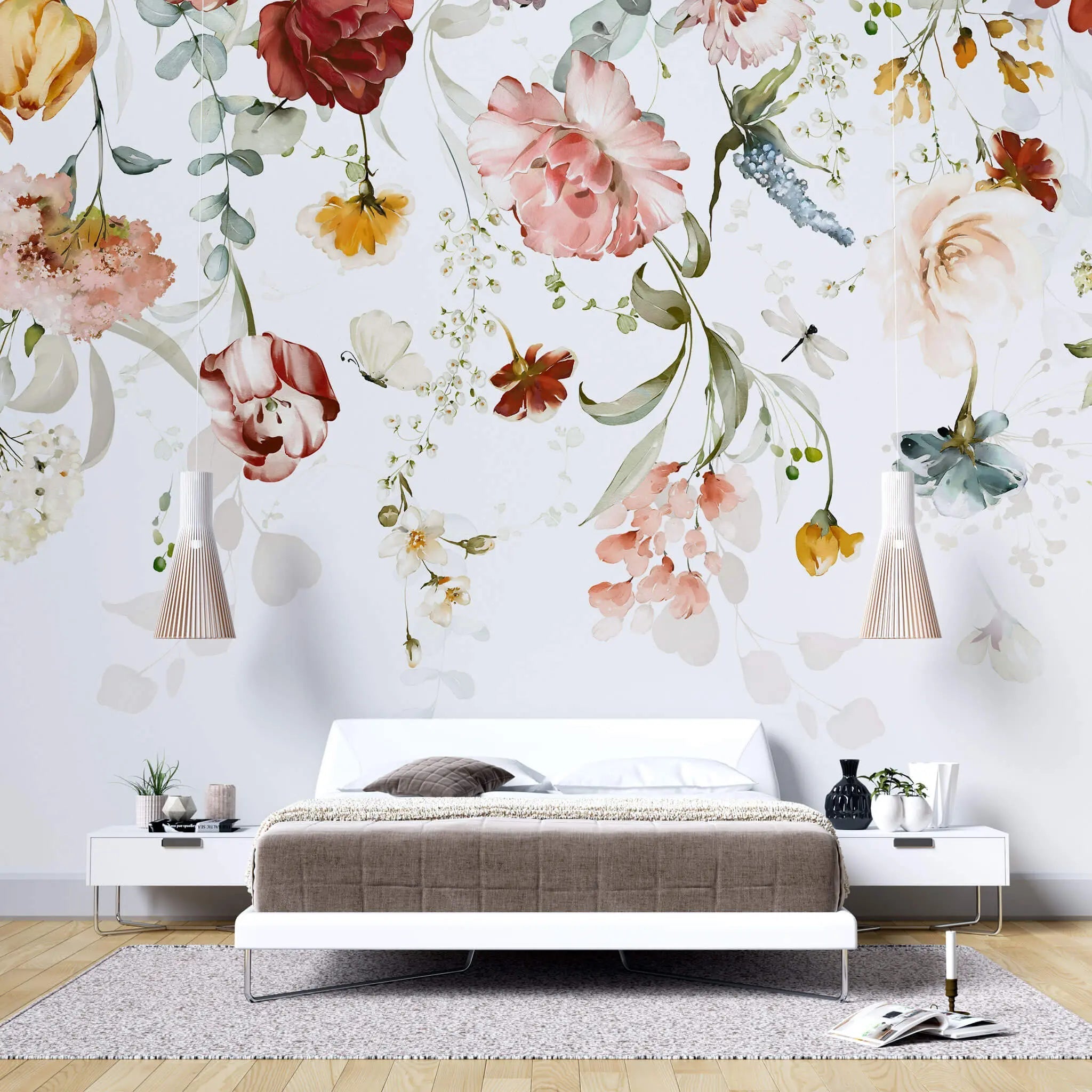 Tapet floral personalizat cu flori pictate in stil watercolor flower's veil