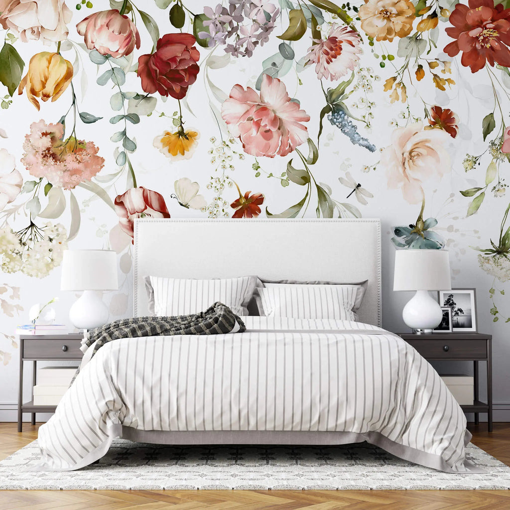 Tapet floral personalizat cu flori pictate in stil watercolor flower's veil