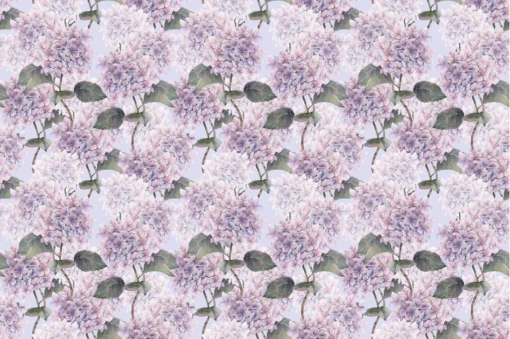 Tapet personalizat floral cu hortensii mov pe un fundal albastru deschis hortensia