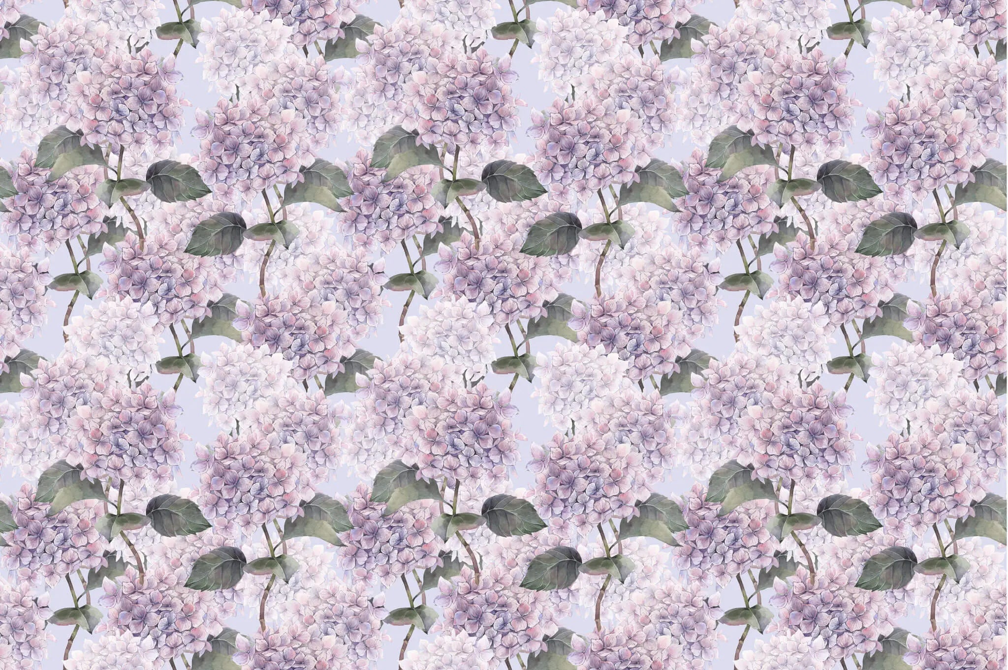 Tapet personalizat floral cu hortensii mov pe un fundal albastru deschis hortensia
