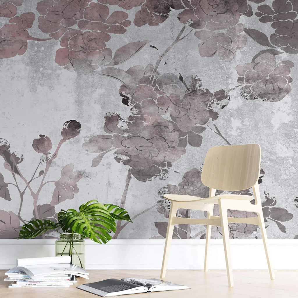 Tapet personalizat floral cu flori de trandafir in nunante de bronz rose pe un fundal texturat cimentat industrial roses