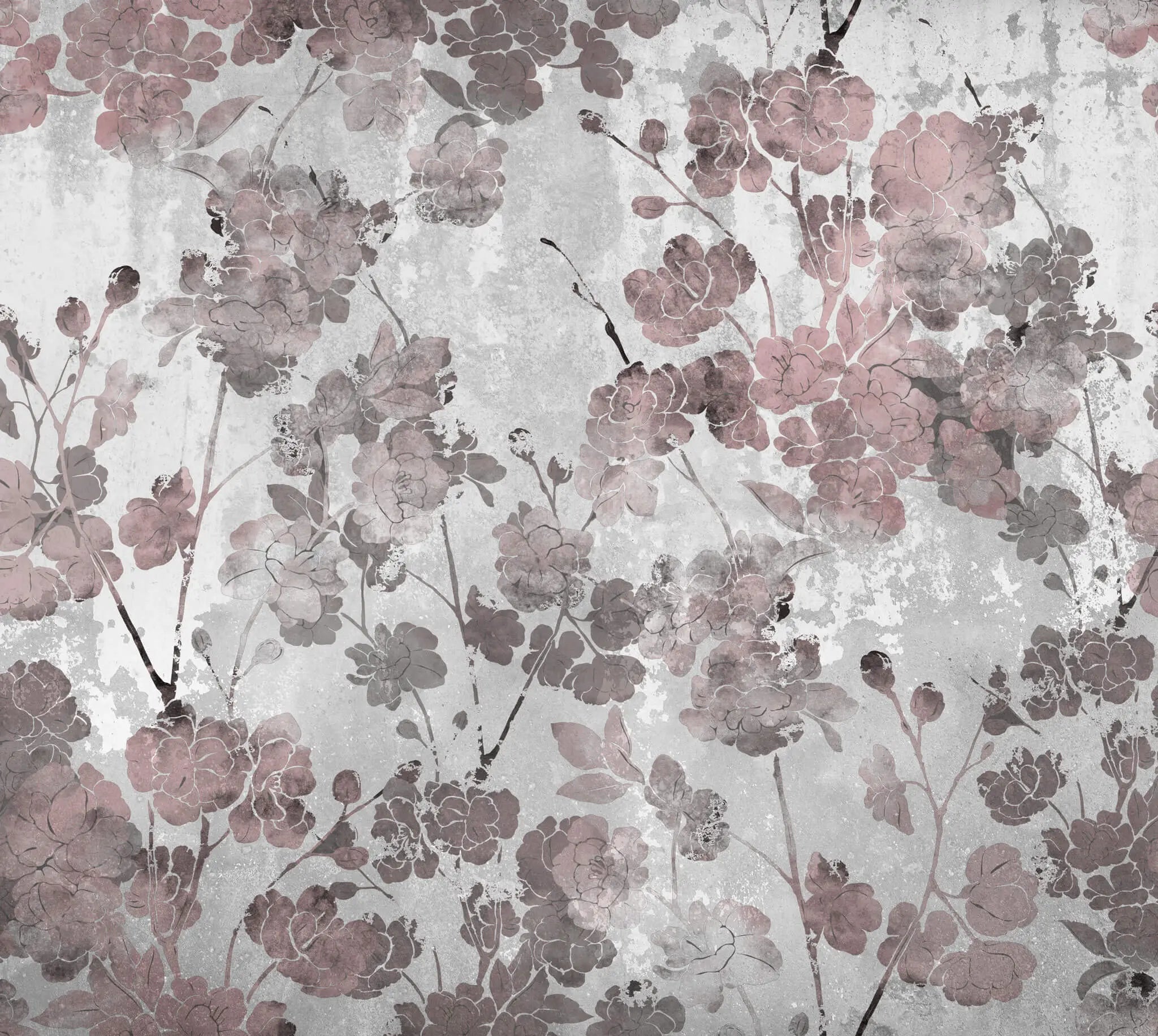 Tapet personalizat floral cu flori de trandafir in nunante de bronz rose pe un fundal texturat cimentat industrial roses
