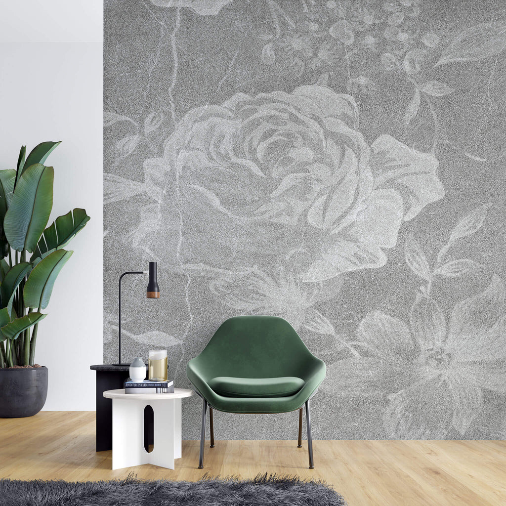 Tapet personalizat floral cu flori de trandafir pe un fundal gri marmua marble rosa