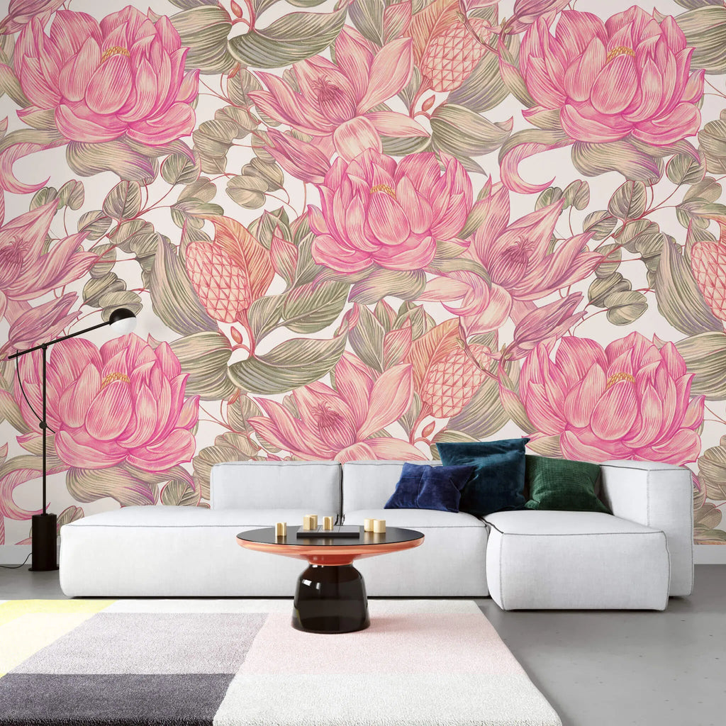 Tapet personalizat floral cu flori de nufar indian roz pe fundal alb nelumbo nucifera
