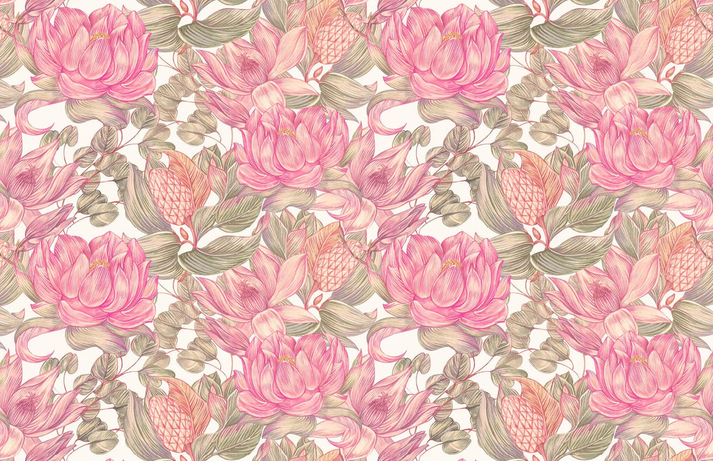 Tapet personalizat floral cu flori de nufar indian roz pe fundal alb nelumbo nucifera