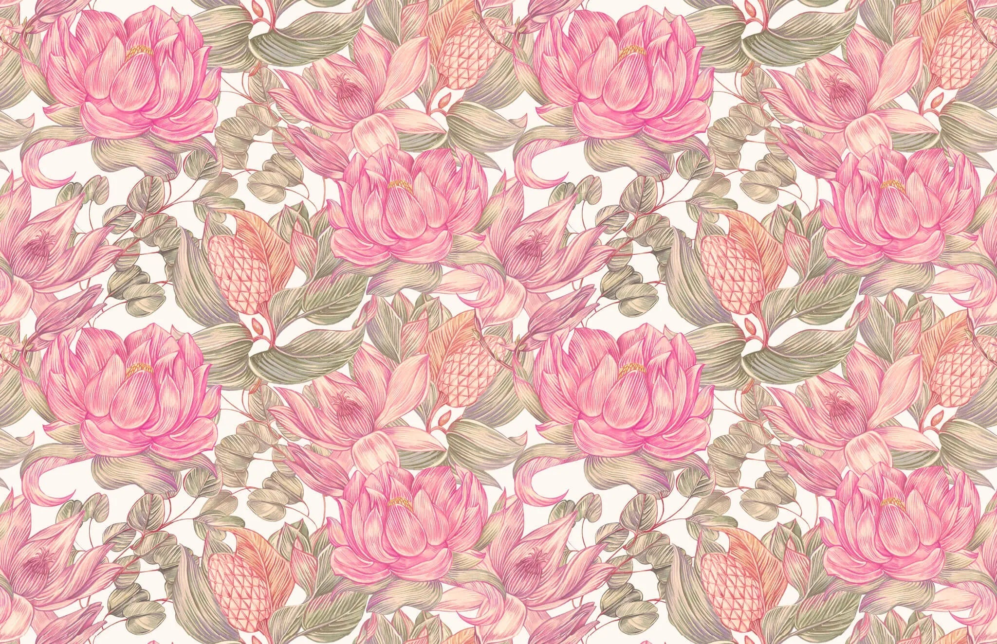 Tapet personalizat floral cu flori de nufar indian roz pe fundal alb nelumbo nucifera