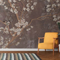 Tapet personalizat floral ramuri orientale inflorite pe un fundal maro texturat oriental blossom